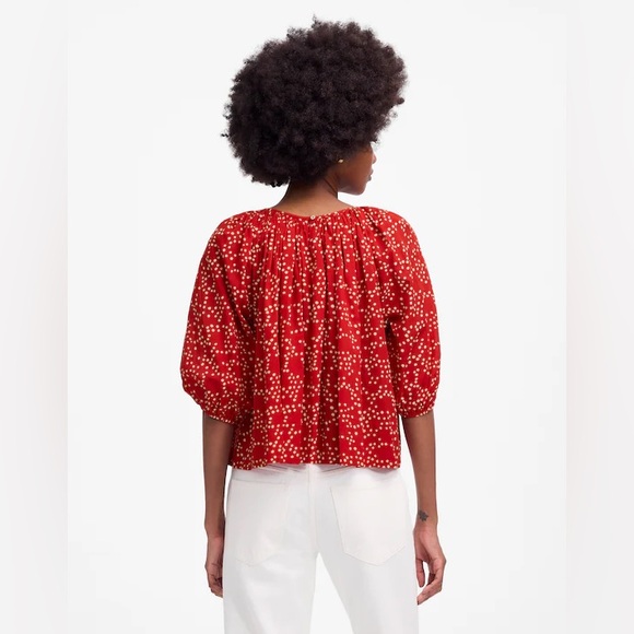 Madewell Shirred Puff-Sleeve Top Polka Dot Red White Size Medium - Picture 3 of 14